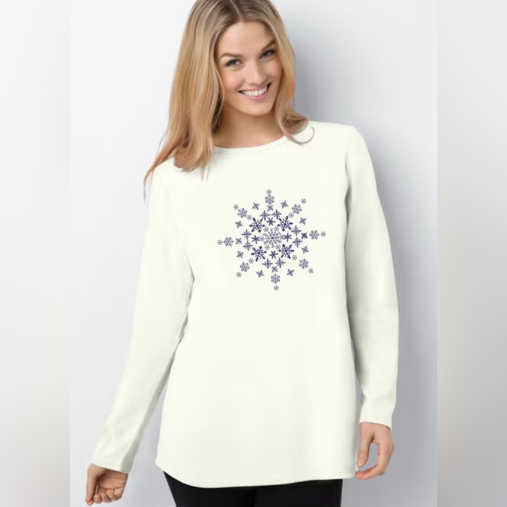 Woman Within Holiday Tee Ivory Winter Snowflake Long Sleeve Plus 1X 22/24 NWT